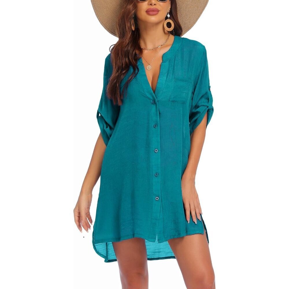 Women Dark Green 100% Polyester V-Neck Button Down Bathing Swimsuit Beach Shirt